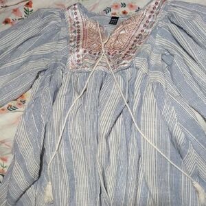 SHEIN Blue and White Striped Dress with Embroideryand Puffed Sleves. FlareBottom
